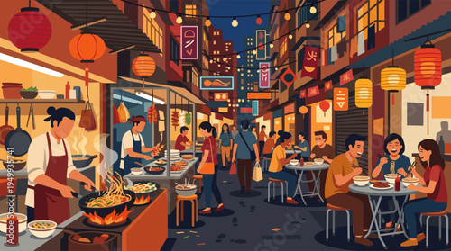 A bustling Asian night market illustration, with people eating noodles and chefs cooking street food in woks under glowing lanterns and neon lights.