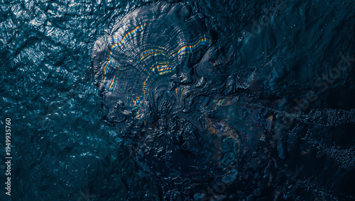 Aerial view of crude oil spill in the blue ocean water