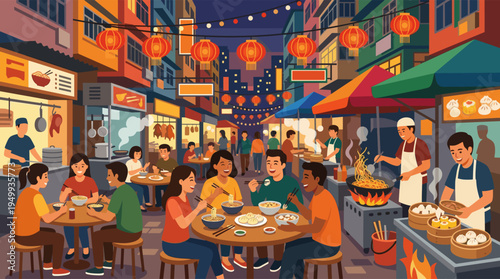 A vibrant vector illustration of a bustling Asian night market, with diverse people happily eating street food like noodles and dumplings under glowing red lanterns.