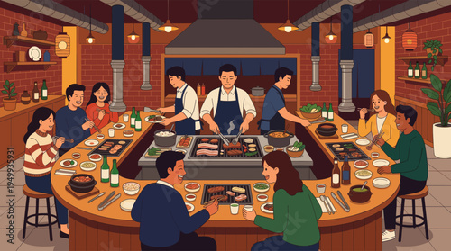 A diverse group of smiling friends gathers around a large communal table, grilling meat and sharing food at a lively, warm Korean BBQ restaurant.