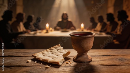 Unleavened bread and a clay chalice of wine in sharp focus on a rustic wooden table. Blurred background of Jesus Christ and disciples at the Last Supper. Concept of Holy Communion, eucharist.