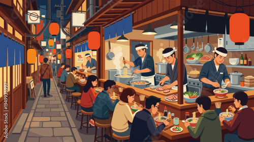 A vibrant illustration of a traditional Japanese ramen shop in a bustling night alley, where chefs prepare food and customers enjoy noodles.