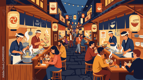 Diverse customers enjoy hot ramen bowls prepared by chefs at a lively Japanese street food market illuminated by paper lanterns at night.