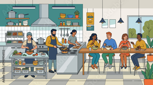 Illustration of chefs cooking in a busy commercial kitchen while a diverse group of people eats together at a communal table.