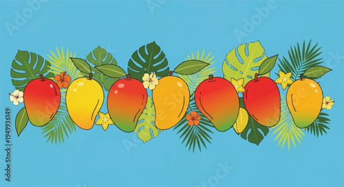 Vibrant tropical mangoes and lush green leaves on a bright blue background summer exotic fruit arrangement