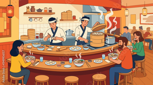An illustration of a bustling Asian restaurant where chefs prepare fresh dumplings and noodles at an open kitchen counter for happy customers enjoying their meal.