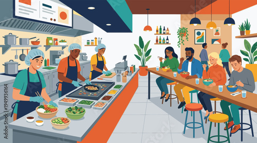 An illustration of a bustling, modern restaurant where diverse customers eat healthy bowls at a communal table while chefs prepare fresh food at an open kitchen counter.