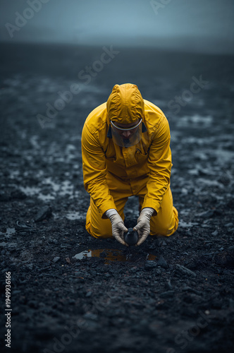 Volunteer in yellow hazmat suit cleaning oil spill on beach