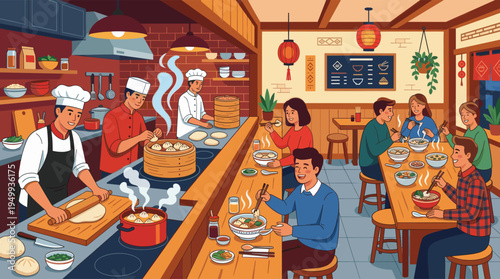 Happy customers enjoy hot noodle soup and dumplings in a lively Asian restaurant with chefs cooking in an open kitchen, creating a warm, communal atmosphere.