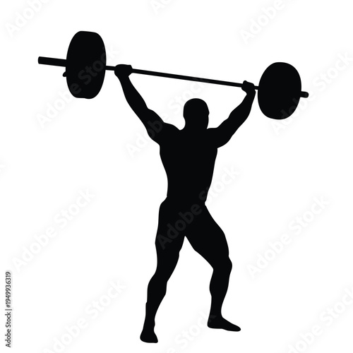 Strong weightlifter man silhouette, athlete lifting heavy barbell