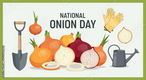 National onion day celebration with various onion types gardening tools and gloves on white background