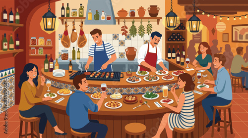 A vibrant illustration of diverse friends laughing and socializing while eating traditional tapas and drinking wine in a warm, rustic Spanish bar with chefs cooking in the background.