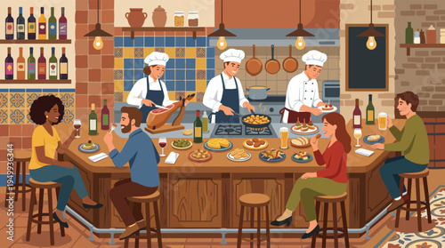 A lively illustration of a traditional Spanish tapas bar with diverse friends eating, drinking, and socializing while chefs prepare food in an open kitchen.