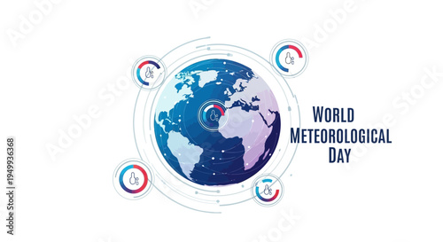 Illustration of Earth with weather monitoring symbols for World Meteorological Day, symbolizing global weather observation and climate science awareness with a blue and white color palette.