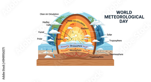 Illustration of Earth's layers on World Meteorological Day, highlighting atmospheric science and climate monitoring concepts with educational labels.