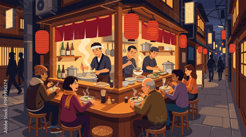 A warm and lively illustration of a traditional Japanese ramen stall bustling with customers eating noodles at the counter under glowing red lanterns at night.