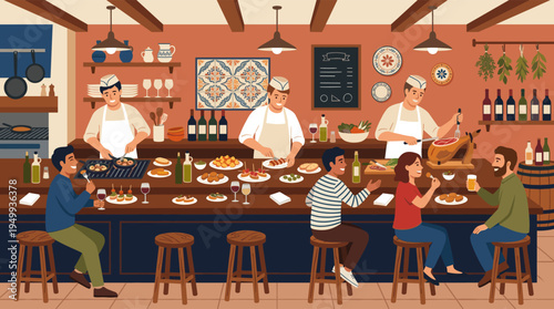 A lively illustration of a bustling Spanish tapas bar where friends socialize at the counter, enjoying various tapas, wine, and beer while chefs prepare food.