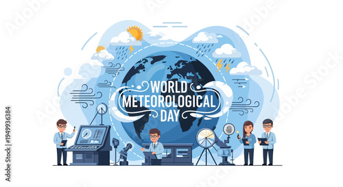 Illustration of people working on weather monitoring equipment with a globe and clouds, celebrating World Meteorological Day with a focus on meteorology awareness and climate science.