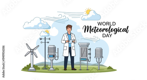 Illustration of a scientist standing with weather monitoring equipment on a green field with wind turbines and clouds, celebrating World Meteorological Day with a sunny sky.