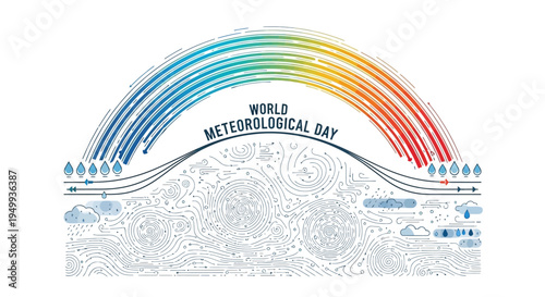Illustration of World Meteorological Day design with rainbow and weather elements on a global map background.
