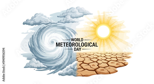 Illustration of a weather-themed design for World Meteorological Day, featuring a swirling storm and sunny drought landscape with the text 'World Meteorological Day' in the center,