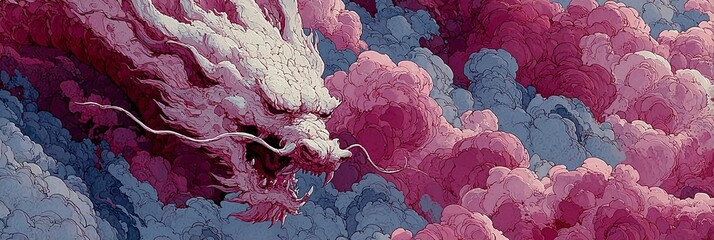 Leinwandbilder Purpur A majestic dragon soars through vibrant pink clouds in a serene natural landscape.  © ภูริพัฒน์ ภิรมย์กิจ