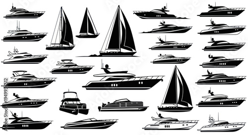 Collection of Luxury Yachts and Sailboats Silhouette Icons