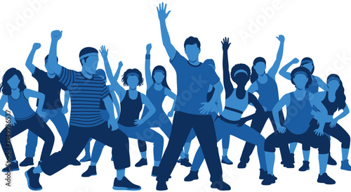 Diverse group of people exercising and dancing, fitness class, energetic movement