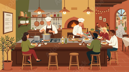 An illustration of a bustling Italian restaurant where chefs cook pasta in an open kitchen while diverse customers eat and drink wine.