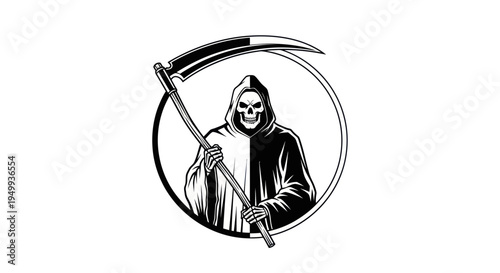 Grim Reaper Silhouette with Scythe in Circle, Symbol of Death and Fear