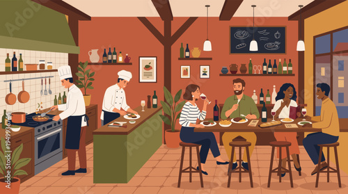 A diverse group of friends enjoys dinner and wine in a warm, bustling bistro with an open kitchen where chefs are preparing meals.