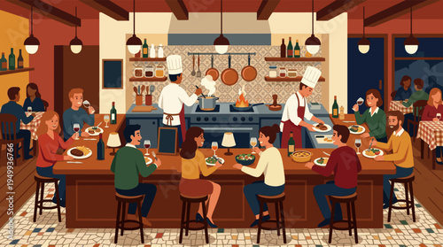 A diverse group of friends enjoys dinner and wine at a bustling bistro with a warm, inviting atmosphere and a busy open kitchen in the background.