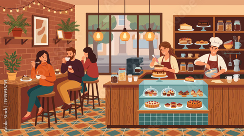 Illustration of a bustling coffee shop where customers enjoy coffee and cake while bakers work behind the counter in a warm, friendly atmosphere.