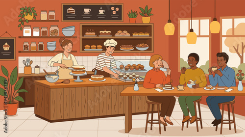 A warm and inviting illustration of diverse friends socializing over coffee and dessert in a bustling local bakery with bakers working in the background.