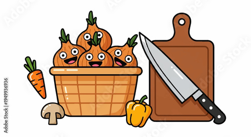 Cartoon carrots in a basket with a knife and cutting board surrounded by vegetables