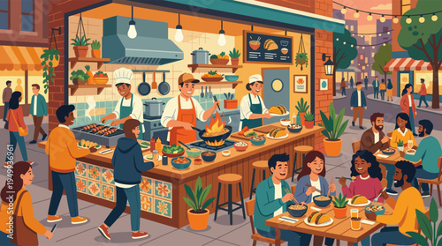 A diverse group of happy friends eats together at a bustling outdoor street food market while chefs cook in the warm evening light.