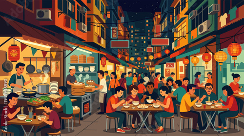 Illustration of a bustling Asian night market with crowds of people eating noodles at outdoor food stalls under glowing lanterns.