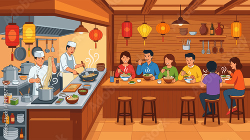 A group of happy friends eats steaming bowls of noodles at a wooden counter in a busy Asian restaurant with an open kitchen.