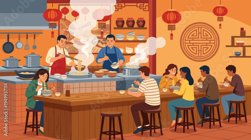 A vibrant illustration of a bustling Asian noodle bar where diverse customers enjoy steaming bowls of food at a wooden counter in front of a busy open kitchen.