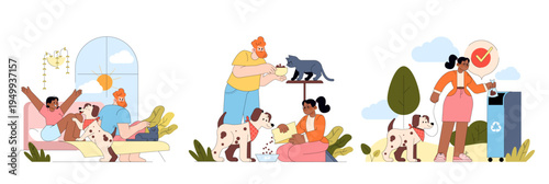 Happy Family Moments with Pets Vector Illustration