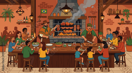 A diverse group of friends and family enjoy a festive meal at a rustic Brazilian churrascaria, with gauchos serving grilled meat.
