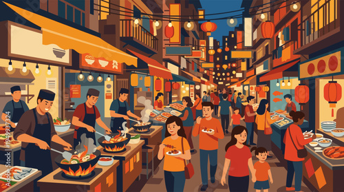A vibrant vector illustration of a bustling Asian night market, where crowds of people and families enjoy delicious street food under glowing lanterns.