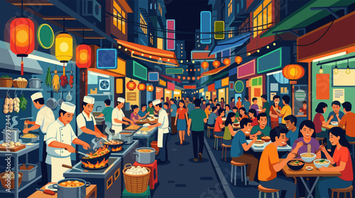 A bustling vector illustration of a crowded Asian night market, with chefs cooking and people eating street food under colorful lanterns and neon signs.
