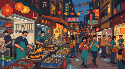 A lively illustration of a bustling Asian night market, where crowds of people eat street food from stalls under the warm glow of red lanterns and neon signs.