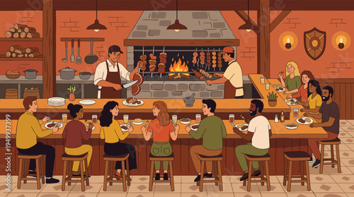 A diverse group of friends enjoying a social dinner as a chef carves grilled picanha from a skewer at a lively Brazilian churrascaria restaurant.