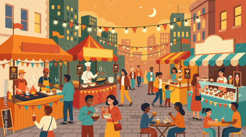 A diverse crowd of people enjoys eating and socializing at a vibrant outdoor street food festival with various stalls under warm string lights in a city at dusk.