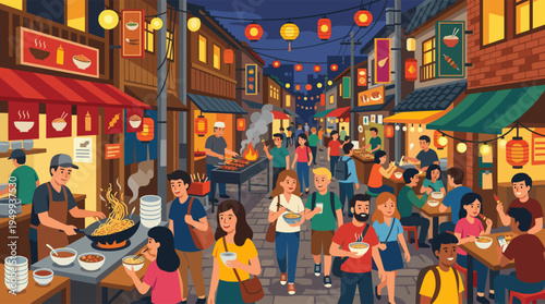 A vibrant illustration of a bustling Asian night market, where a diverse crowd of people enjoys delicious street food under the warm glow of lanterns.
