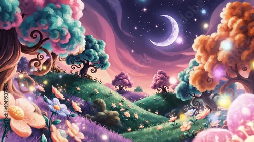 Magical fantasy landscape with whimsical trees and glowing flowers at night