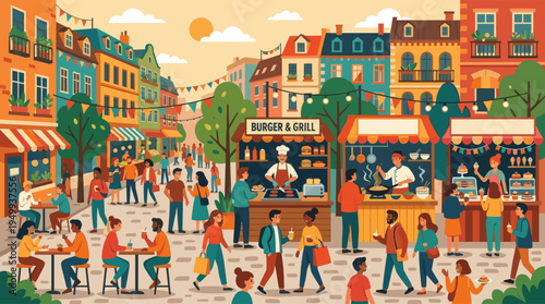 A vibrant illustration of a diverse crowd of people eating and socializing at a lively outdoor street food festival on a sunny day in a colorful city.