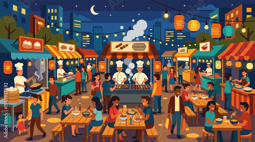 A vibrant illustration of a busy Asian street food market at night with diverse people eating, socializing, and enjoying the festive atmosphere under glowing lanterns and a city skyline.